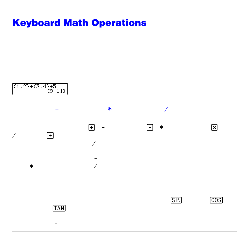 Keyboard math operations, Using lists with math operations, Trigonometric functions | Texas Instruments TI-83 PLUS User Manual | Page 66 / 827