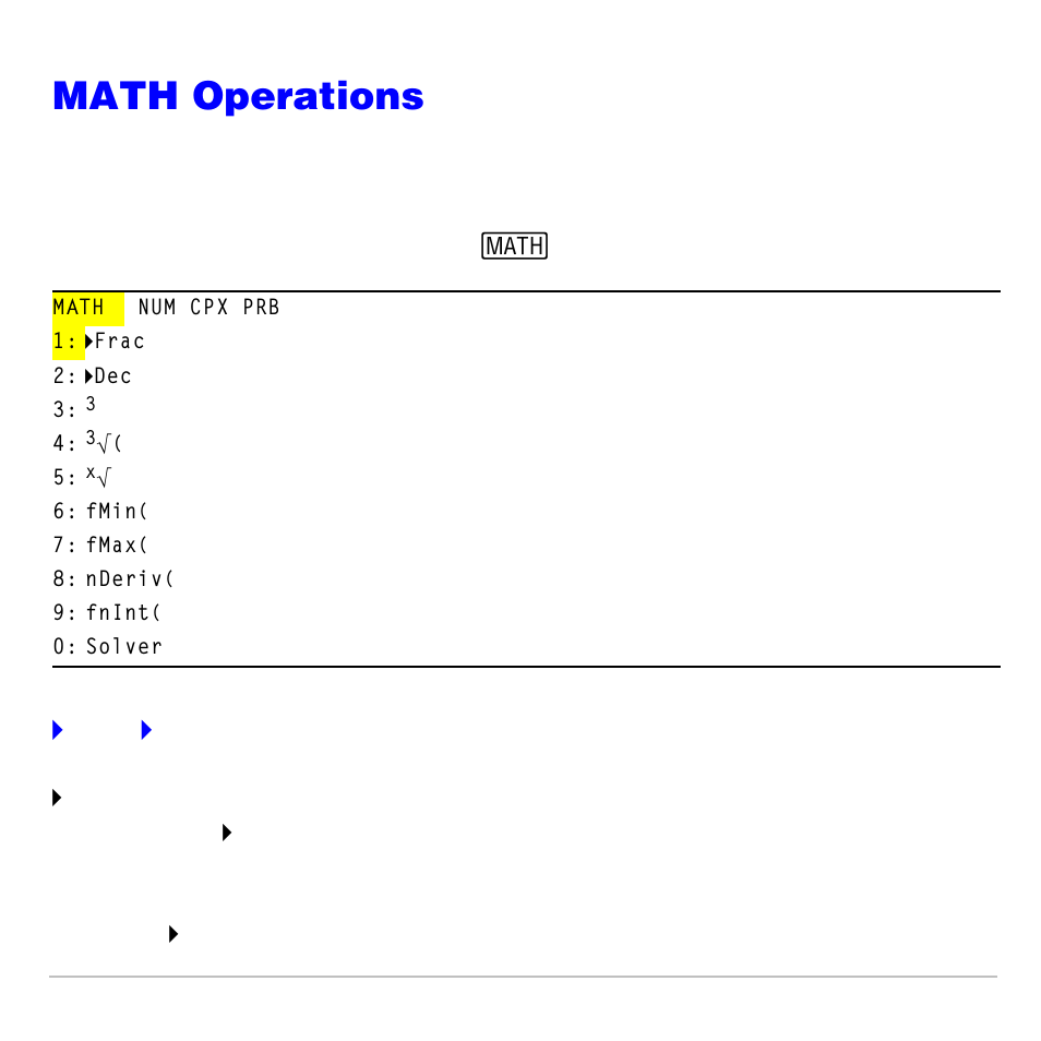 Math operations, Math menu, Frac, >dec | Texas Instruments TI-83 PLUS User Manual | Page 70 / 827