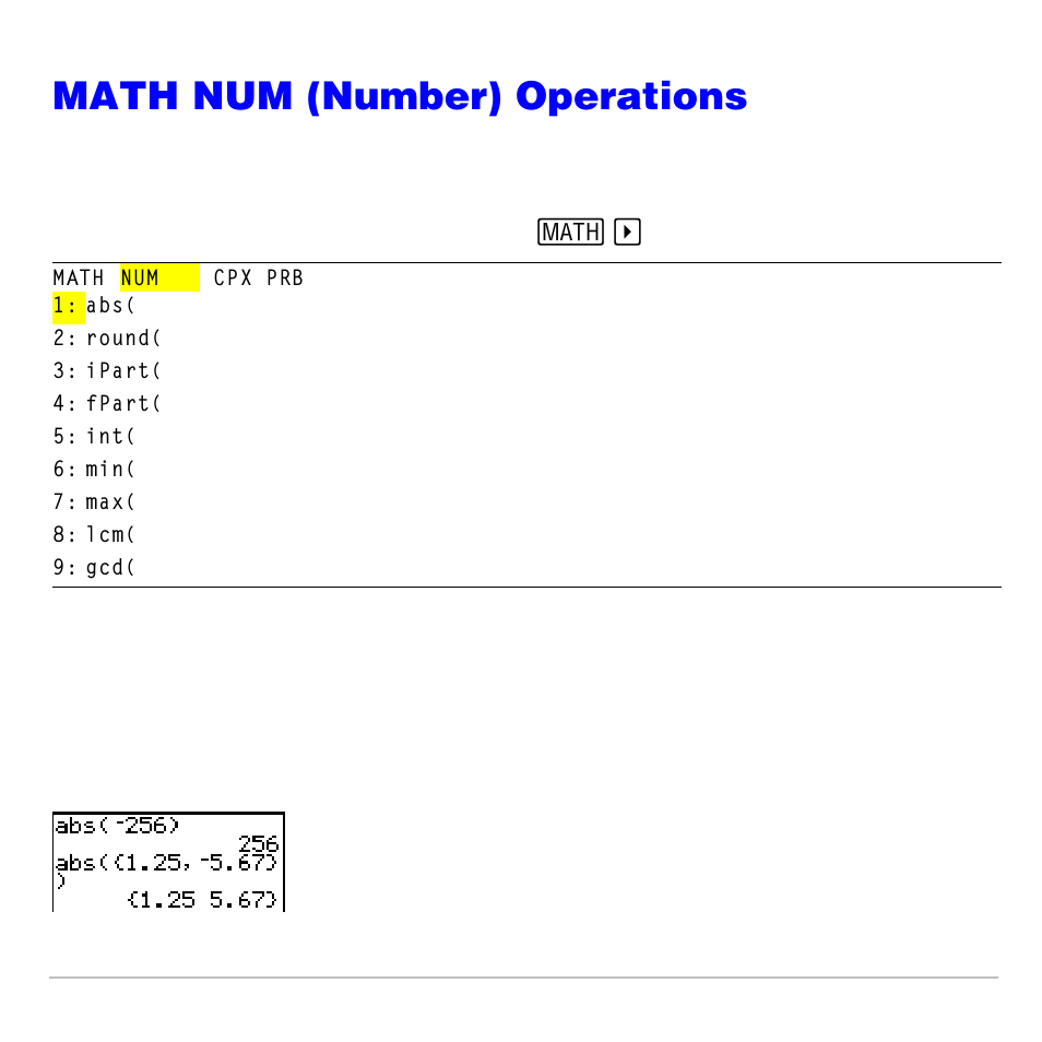 Math num (number) operations, Math num menu | Texas Instruments TI-83 PLUS User Manual | Page 82 / 827