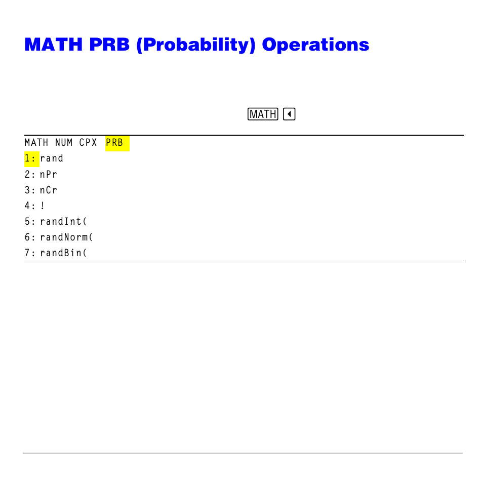 Math prb (probability) operations, Math prb menu, Rand | Texas Instruments TI-83 PLUS User Manual | Page 95 / 827