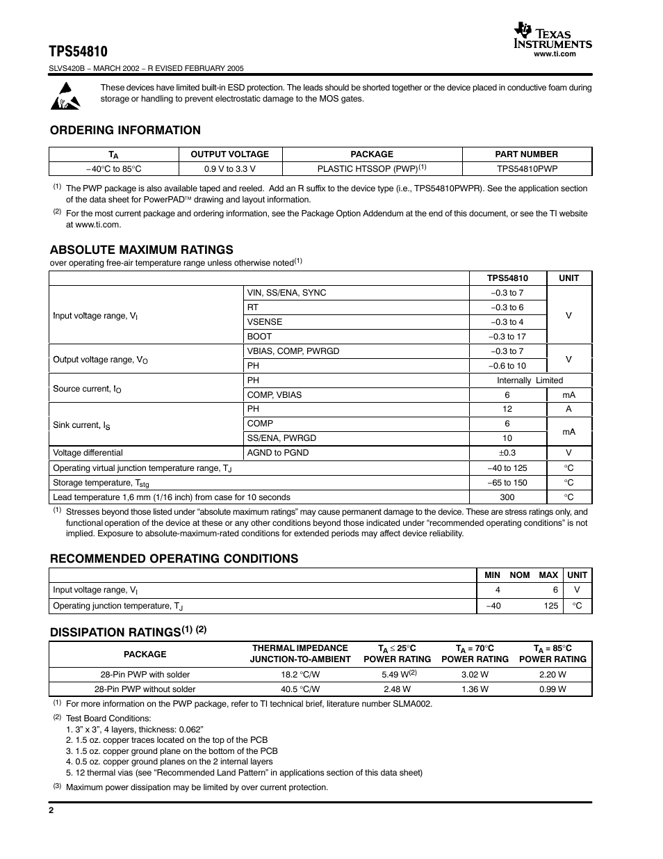 Ordering information, Absolute maximum ratings, Recommended operating conditions | Dissipation ratings | Texas Instruments TPS54810 User Manual | Page 2 / 21