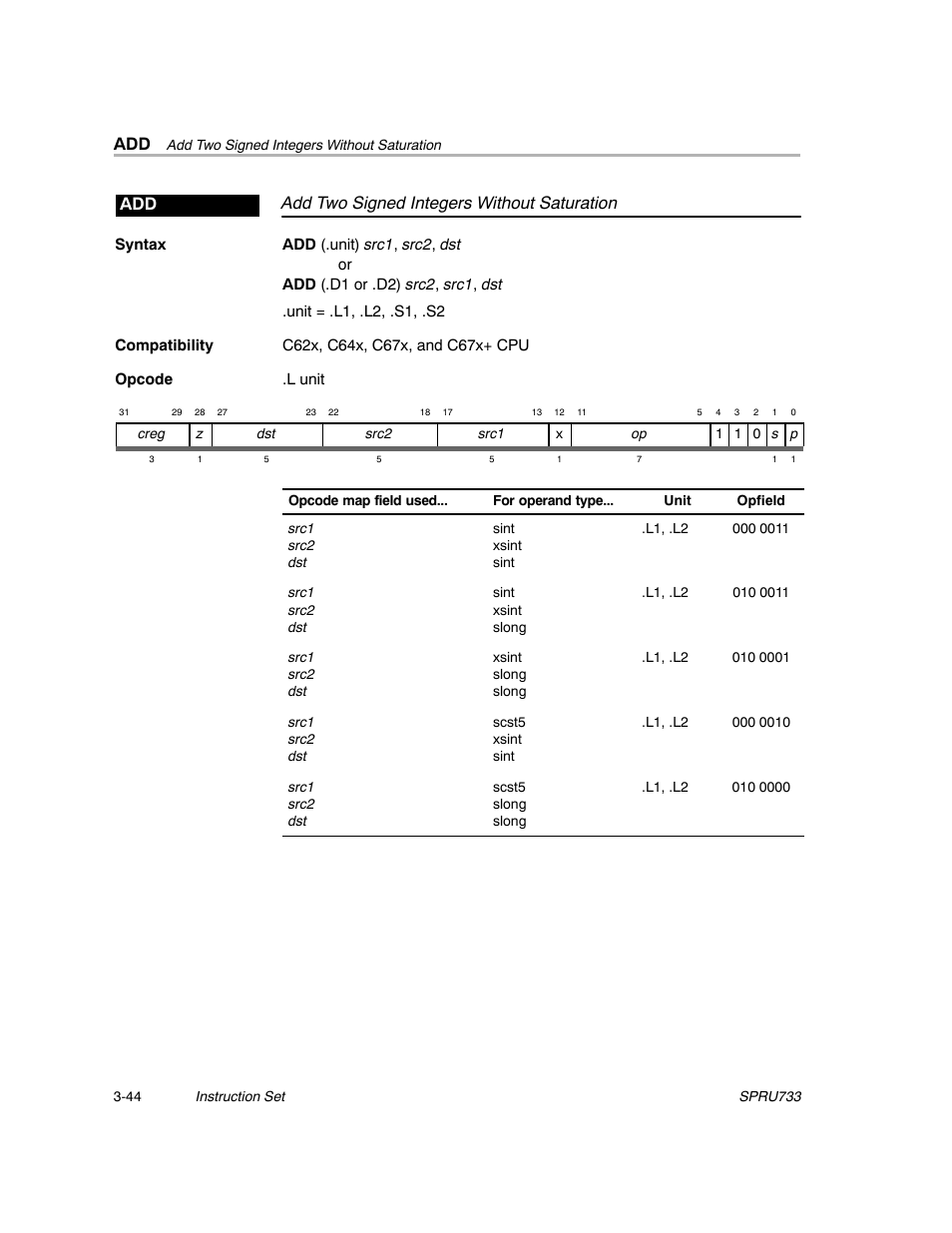 Add two signed integers without saturation add | Texas Instruments TMS320C67X/C67X+ DSP User Manual | Page 104 / 465