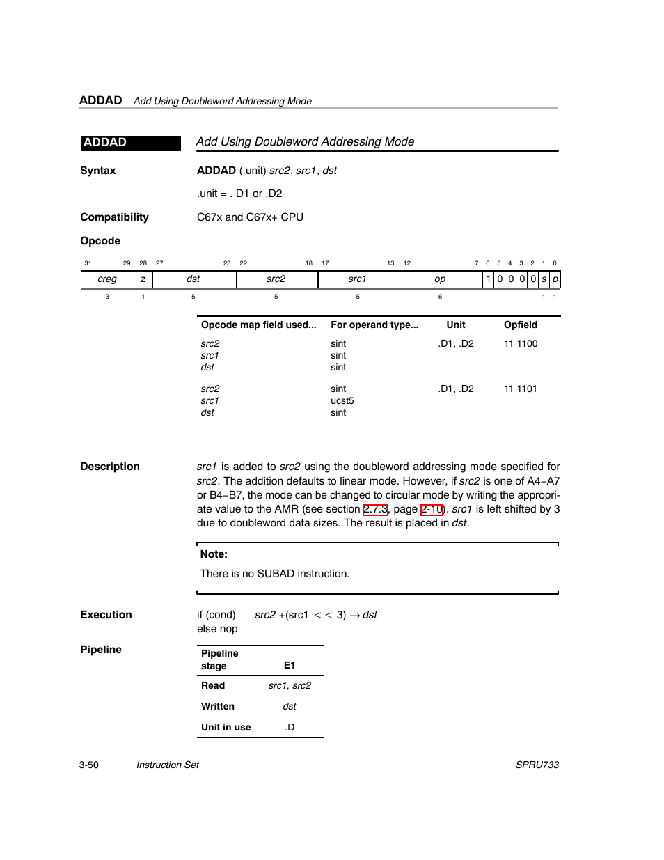 Addad, Add using doubleword addressing mode addad | Texas Instruments TMS320C67X/C67X+ DSP User Manual | Page 110 / 465