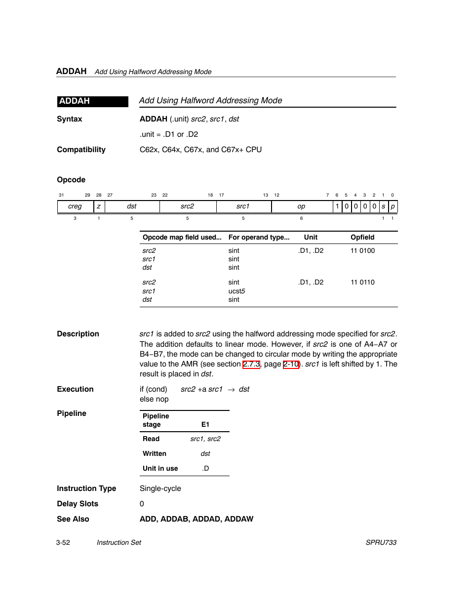 Addah, Add using halfword addressing mode addah | Texas Instruments TMS320C67X/C67X+ DSP User Manual | Page 112 / 465