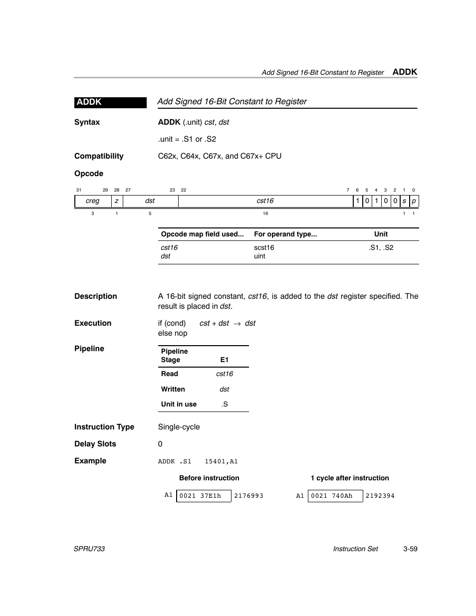 Addk, Add signed 16-bit constant to register addk | Texas Instruments TMS320C67X/C67X+ DSP User Manual | Page 119 / 465