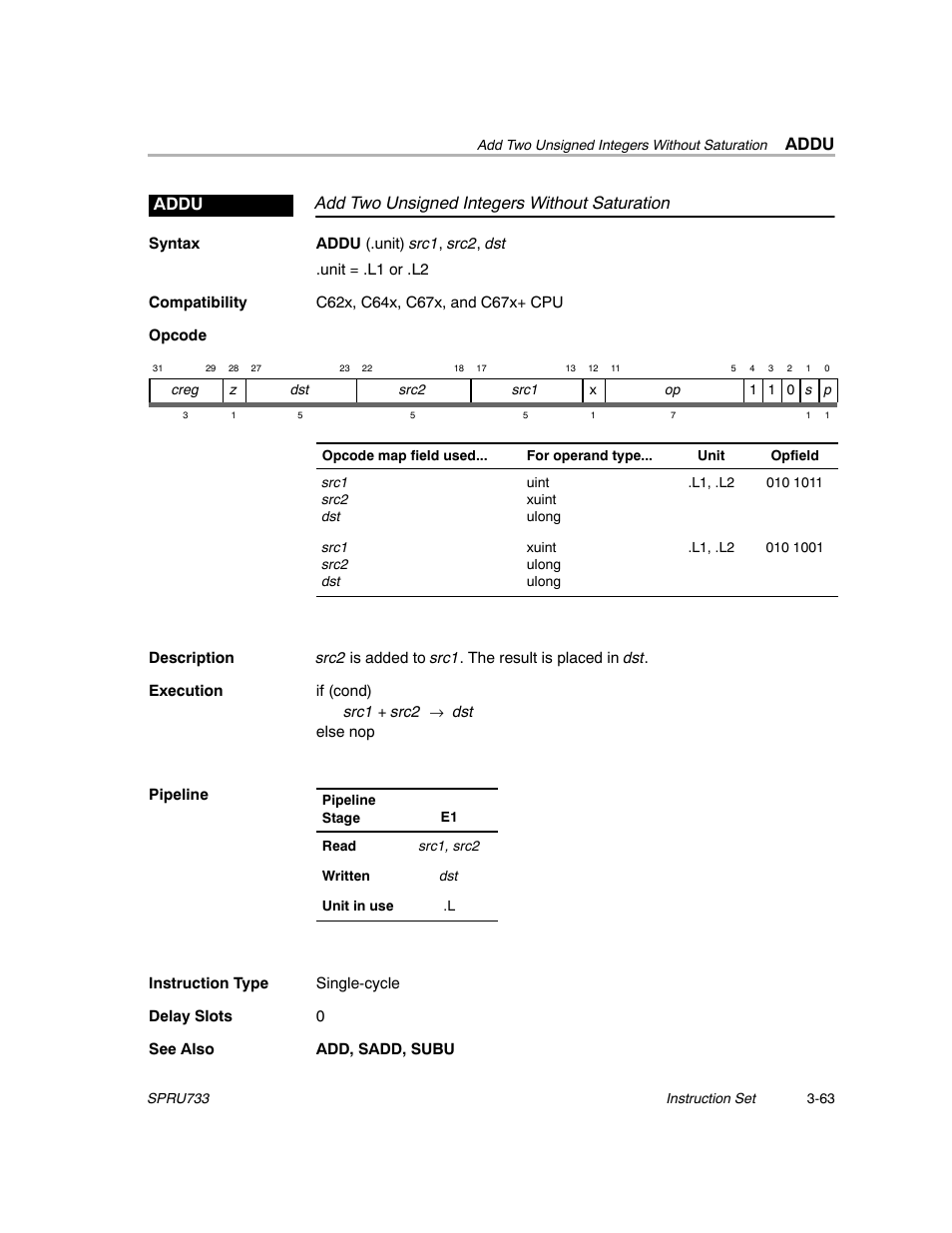 Addu, Add two unsigned integers without saturation addu | Texas Instruments TMS320C67X/C67X+ DSP User Manual | Page 123 / 465