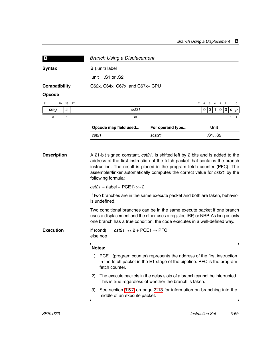 B displacement, Branch using a displacement b | Texas Instruments TMS320C67X/C67X+ DSP User Manual | Page 129 / 465