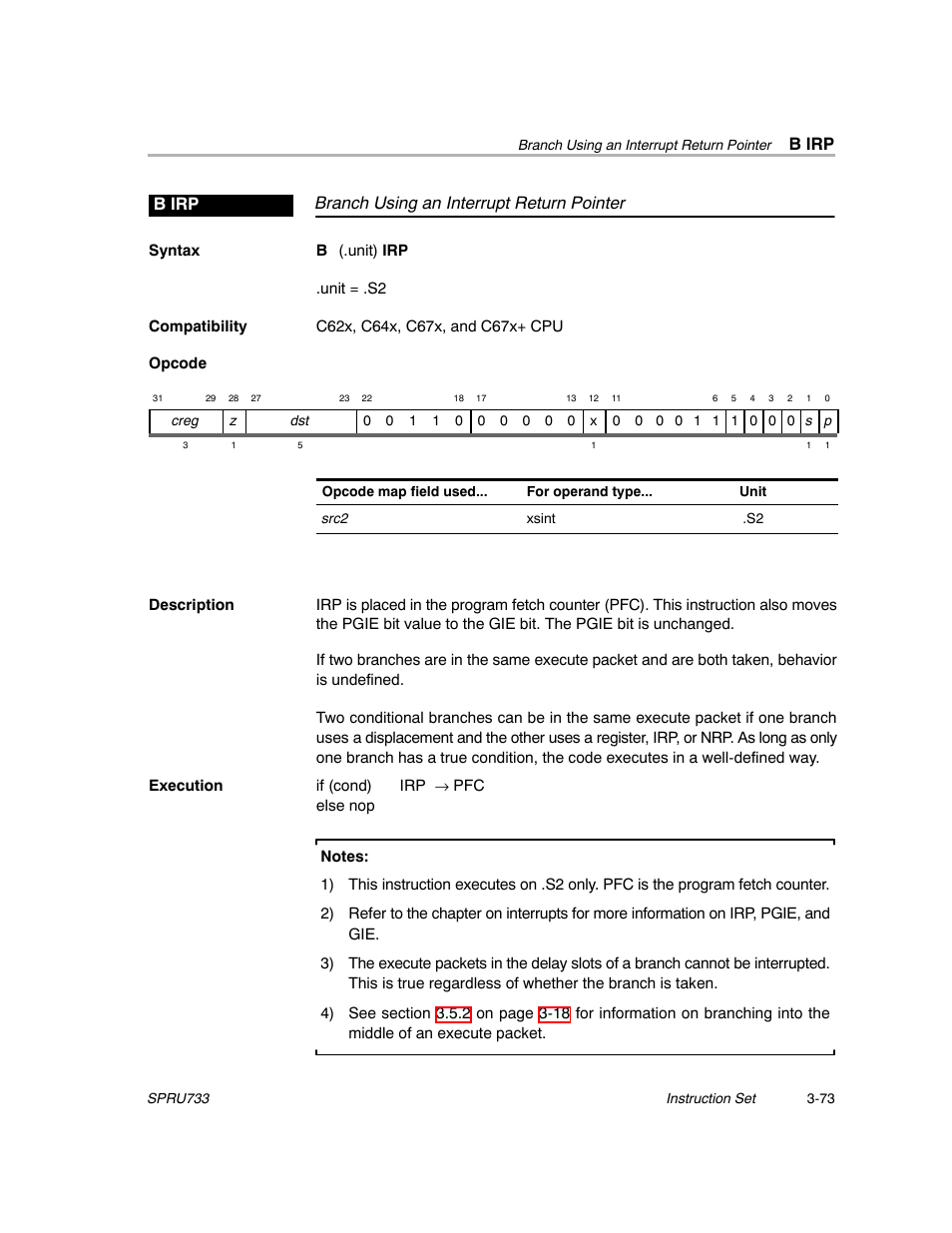 B irp, Branch using an interrupt return pointer b irp | Texas Instruments TMS320C67X/C67X+ DSP User Manual | Page 133 / 465