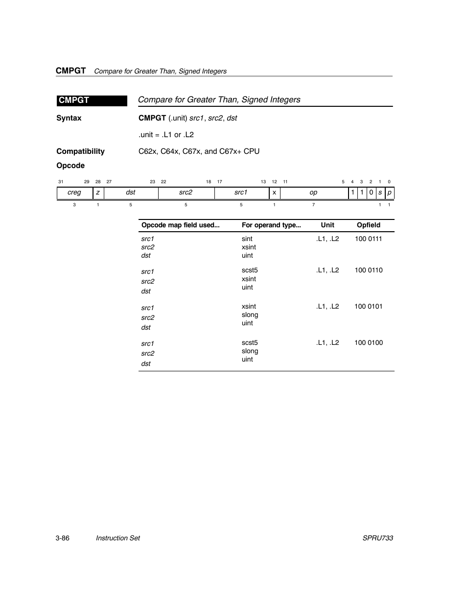 Cmpgt, Compare for greater than, signed integers cmpgt | Texas Instruments TMS320C67X/C67X+ DSP User Manual | Page 146 / 465