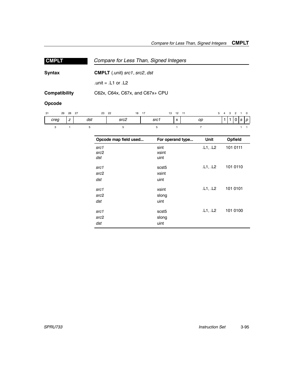 Cmplt, Compare for less than, signed integers cmplt | Texas Instruments TMS320C67X/C67X+ DSP User Manual | Page 155 / 465