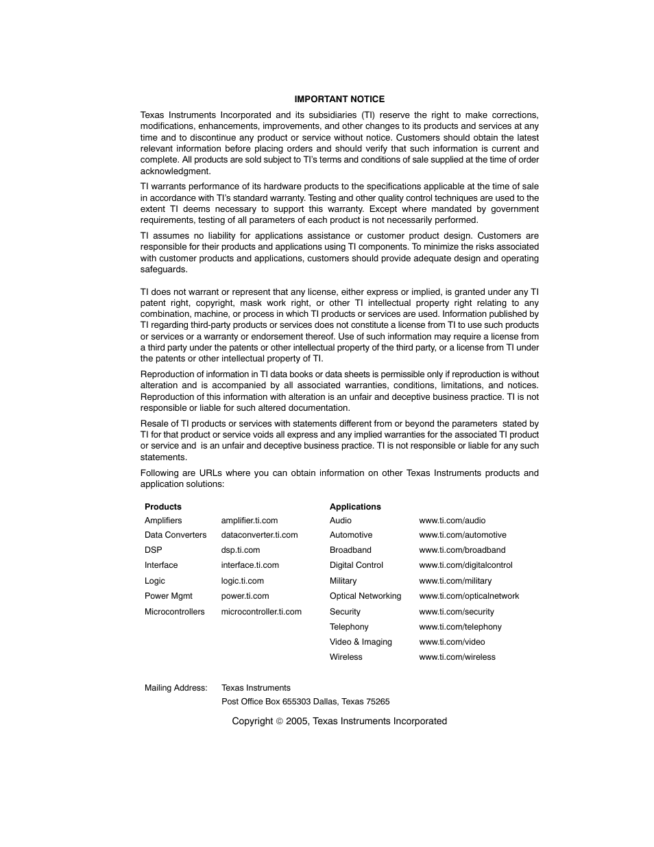 Important notice | Texas Instruments TMS320C67X/C67X+ DSP User Manual | Page 2 / 465