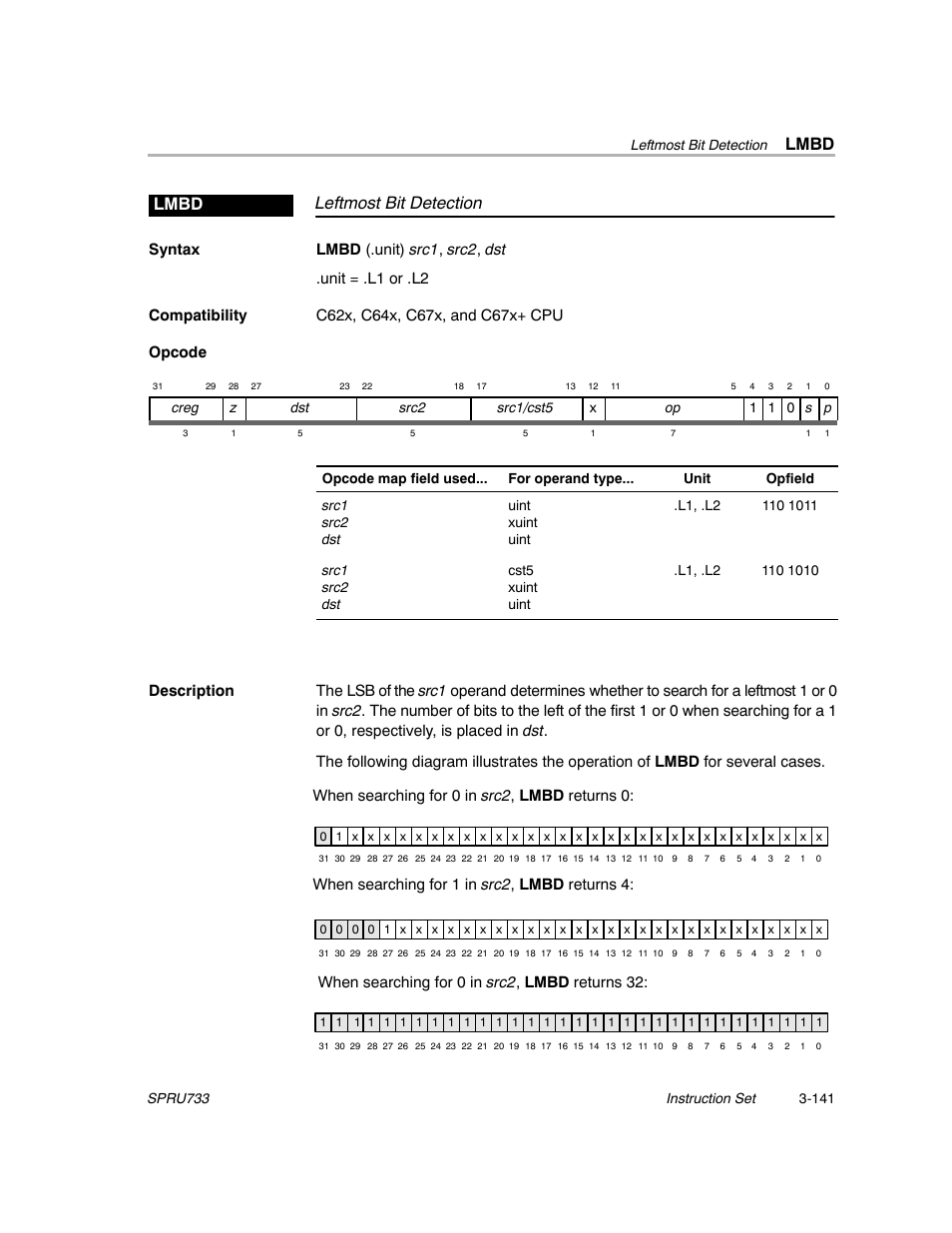 Lmbd, Leftmost bit detection lmbd | Texas Instruments TMS320C67X/C67X+ DSP User Manual | Page 201 / 465