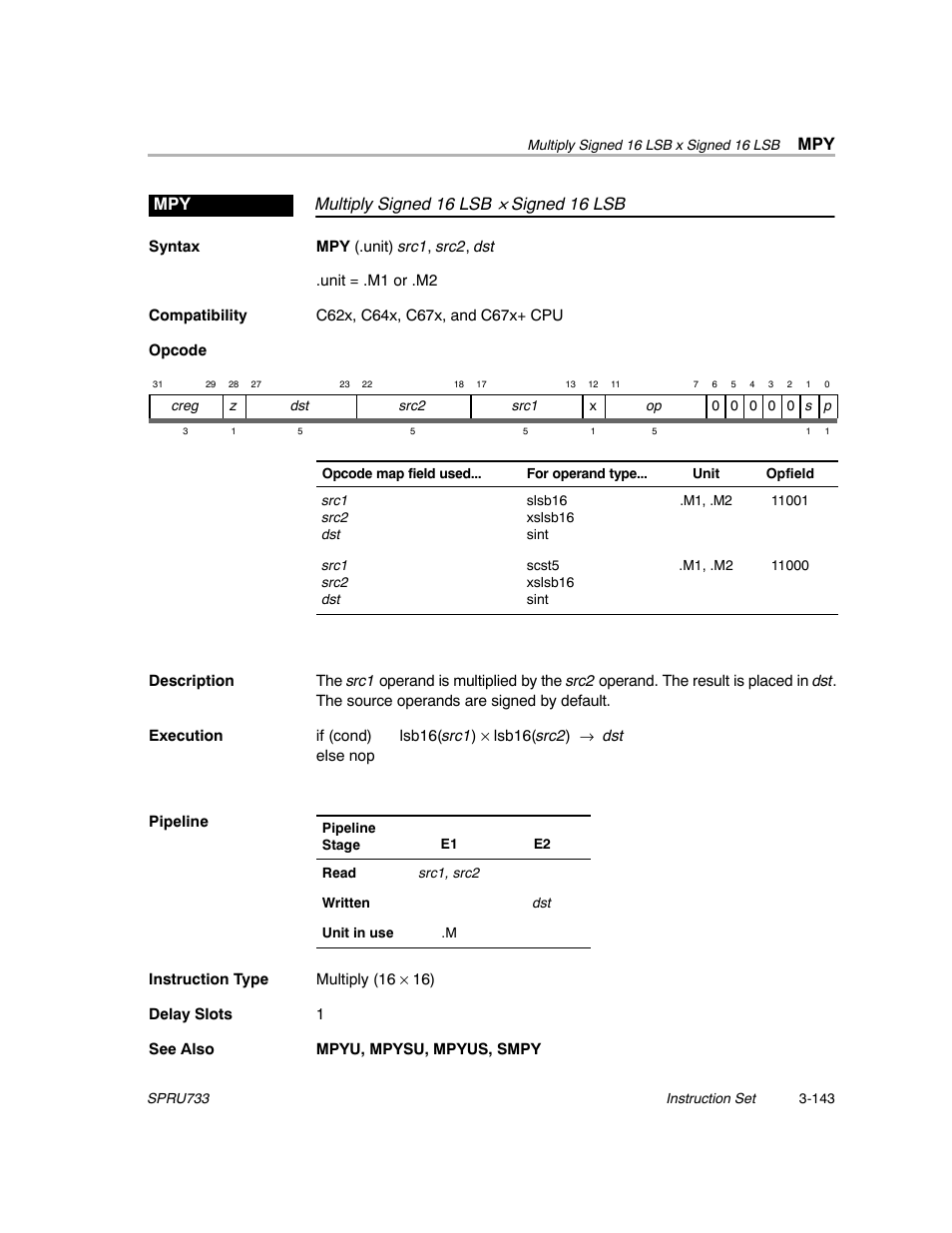 Multiply signed 16 lsb, Signed 16 lsb mpy | Texas Instruments TMS320C67X/C67X+ DSP User Manual | Page 203 / 465