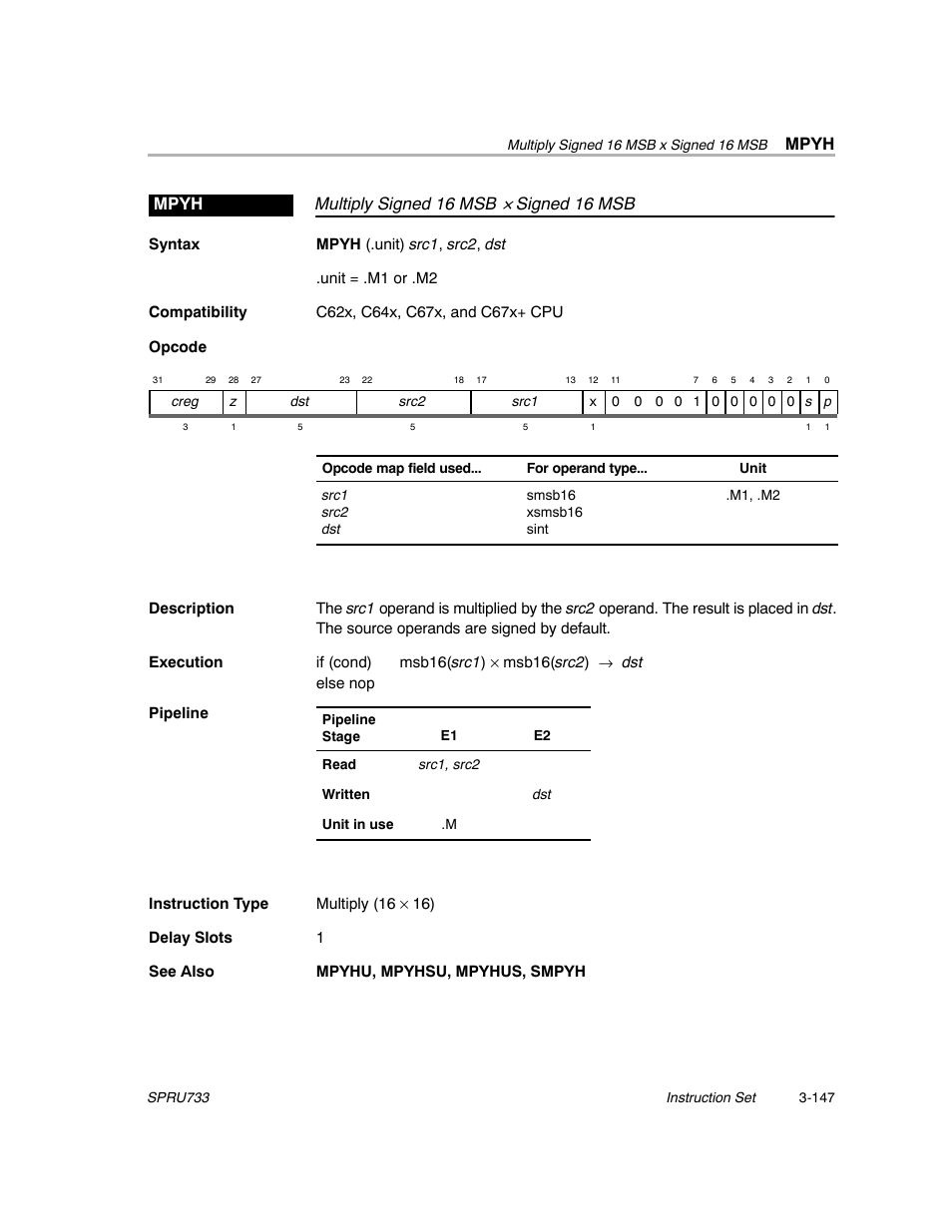 Mpyh, Multiply signed 16 msb, Signed 16 msb mpyh | Texas Instruments TMS320C67X/C67X+ DSP User Manual | Page 207 / 465