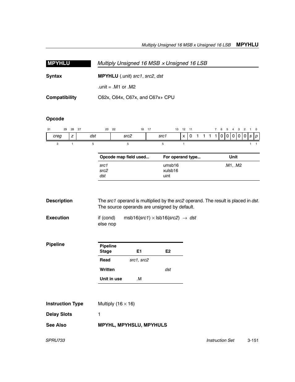 Mpyhlu, Multiply unsigned 16 msb, Unsigned 16 lsb mpyhlu | Texas Instruments TMS320C67X/C67X+ DSP User Manual | Page 211 / 465
