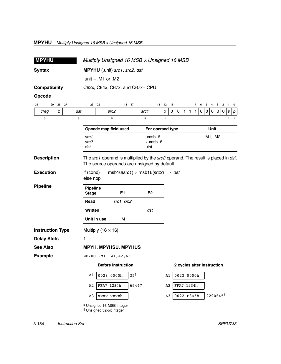 Mpyhu, Multiply unsigned 16 msb, Unsigned 16 msb mpyhu | Texas Instruments TMS320C67X/C67X+ DSP User Manual | Page 214 / 465