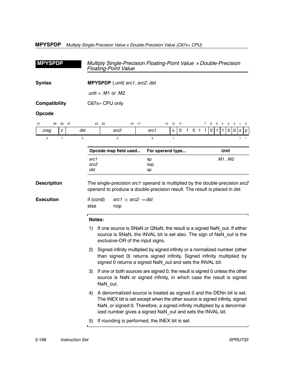Mpyspdp, Multiply single-precision floating-point value, Double-precision floating-point value mpyspdp | Texas Instruments TMS320C67X/C67X+ DSP User Manual | Page 228 / 465