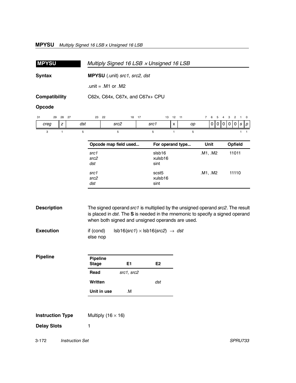 Mpysu, Multiply signed 16 lsb, Unsigned 16 lsb mpysu | Texas Instruments TMS320C67X/C67X+ DSP User Manual | Page 232 / 465