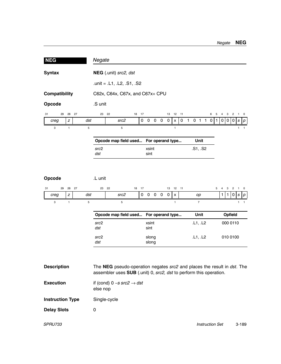 Negate neg | Texas Instruments TMS320C67X/C67X+ DSP User Manual | Page 249 / 465