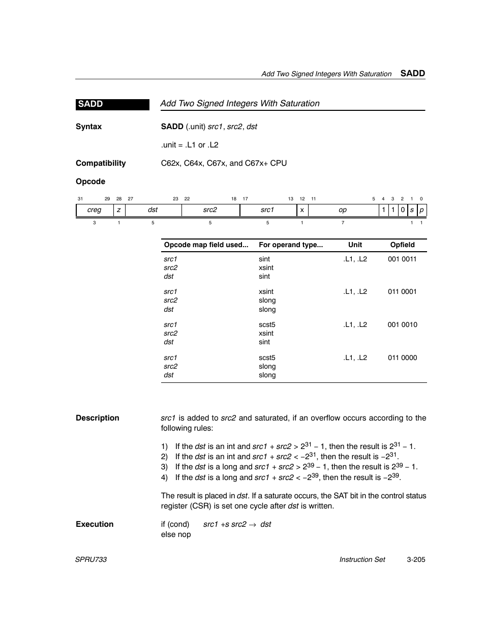Sadd, Add two signed integers with saturation sadd | Texas Instruments TMS320C67X/C67X+ DSP User Manual | Page 265 / 465
