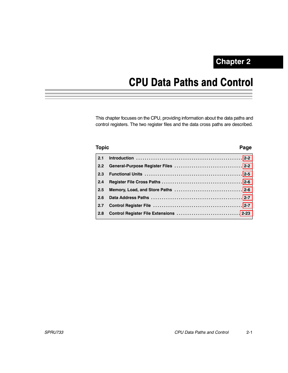 Chapter 2: cpu data paths and control, Cpu data paths and control, Chapter 2 | Texas Instruments TMS320C67X/C67X+ DSP User Manual | Page 27 / 465