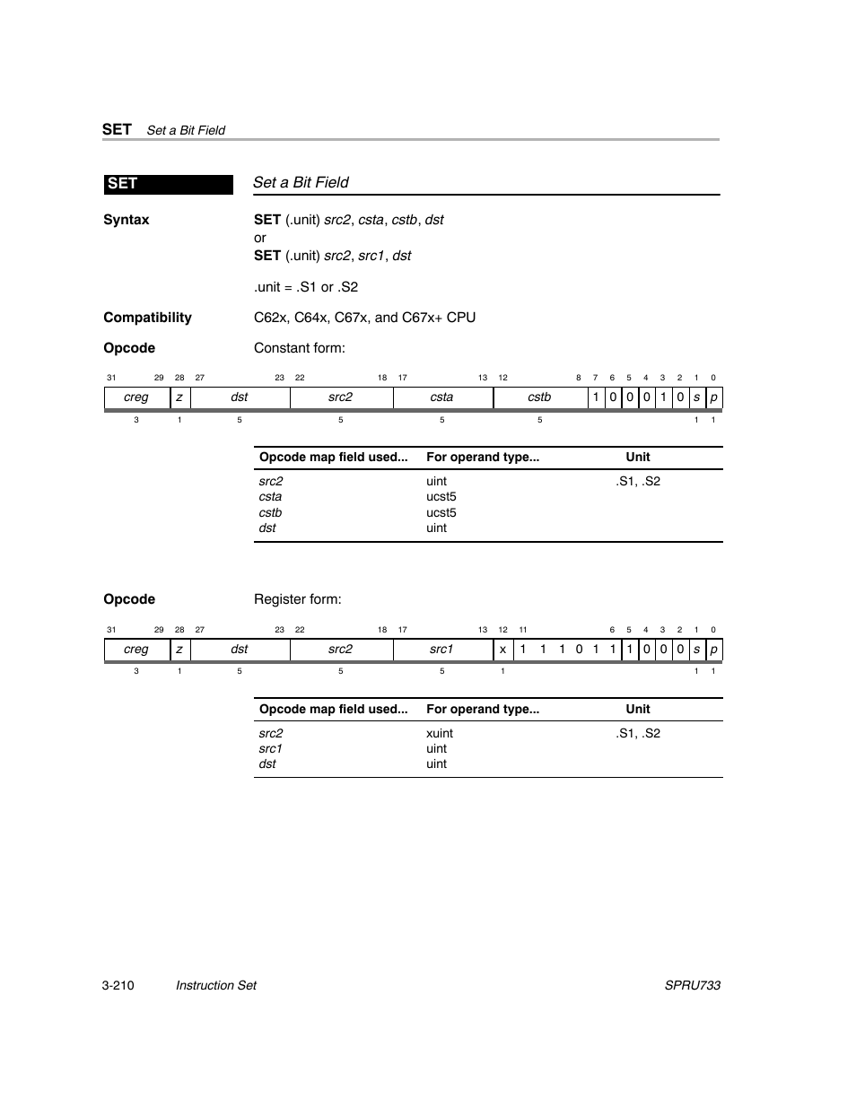 Set a bit field set, Opcode register form | Texas Instruments TMS320C67X/C67X+ DSP User Manual | Page 270 / 465