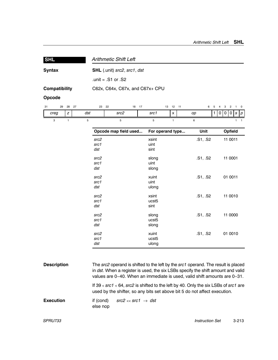 Arithmetic shift left shl | Texas Instruments TMS320C67X/C67X+ DSP User Manual | Page 273 / 465