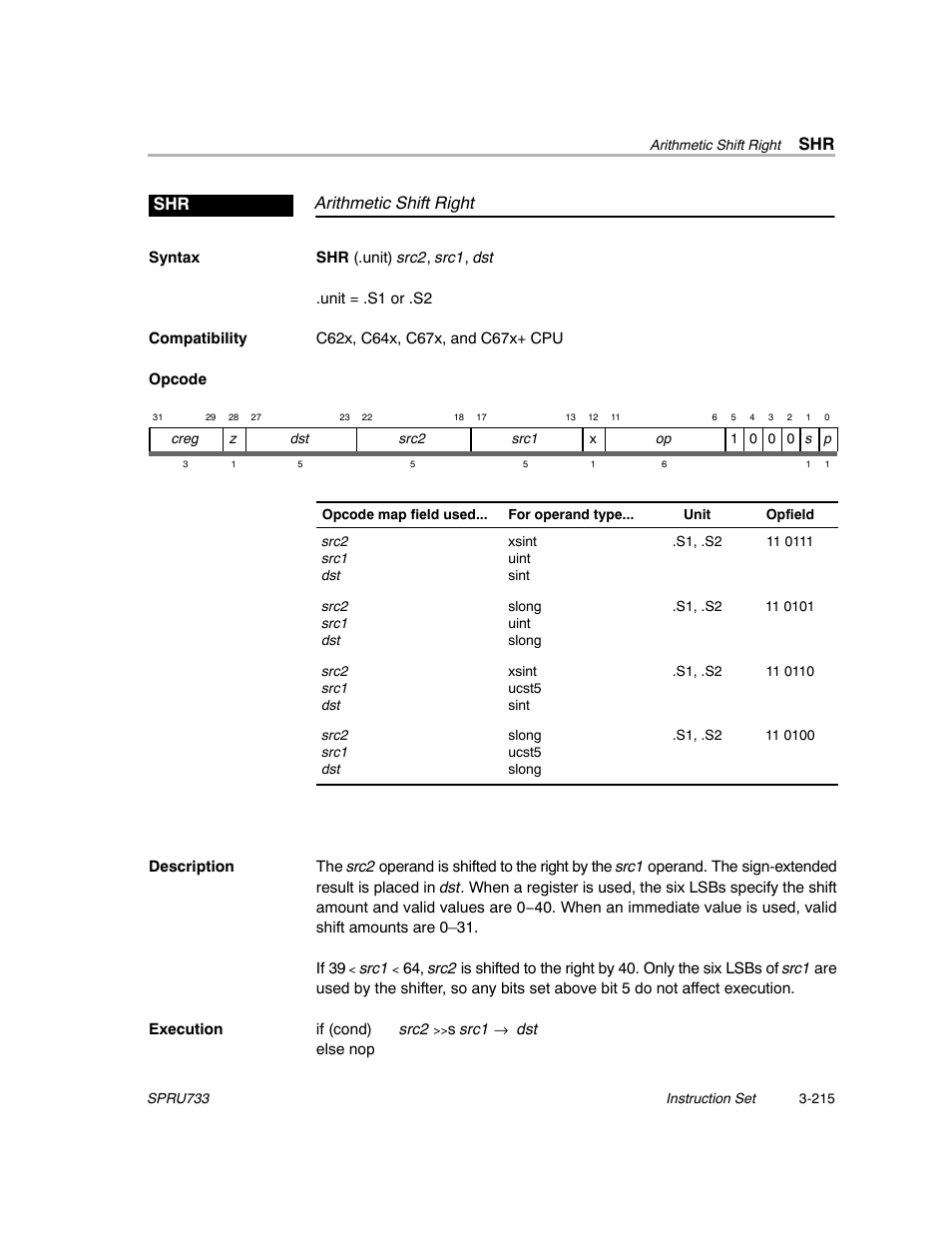 Arithmetic shift right shr | Texas Instruments TMS320C67X/C67X+ DSP User Manual | Page 275 / 465