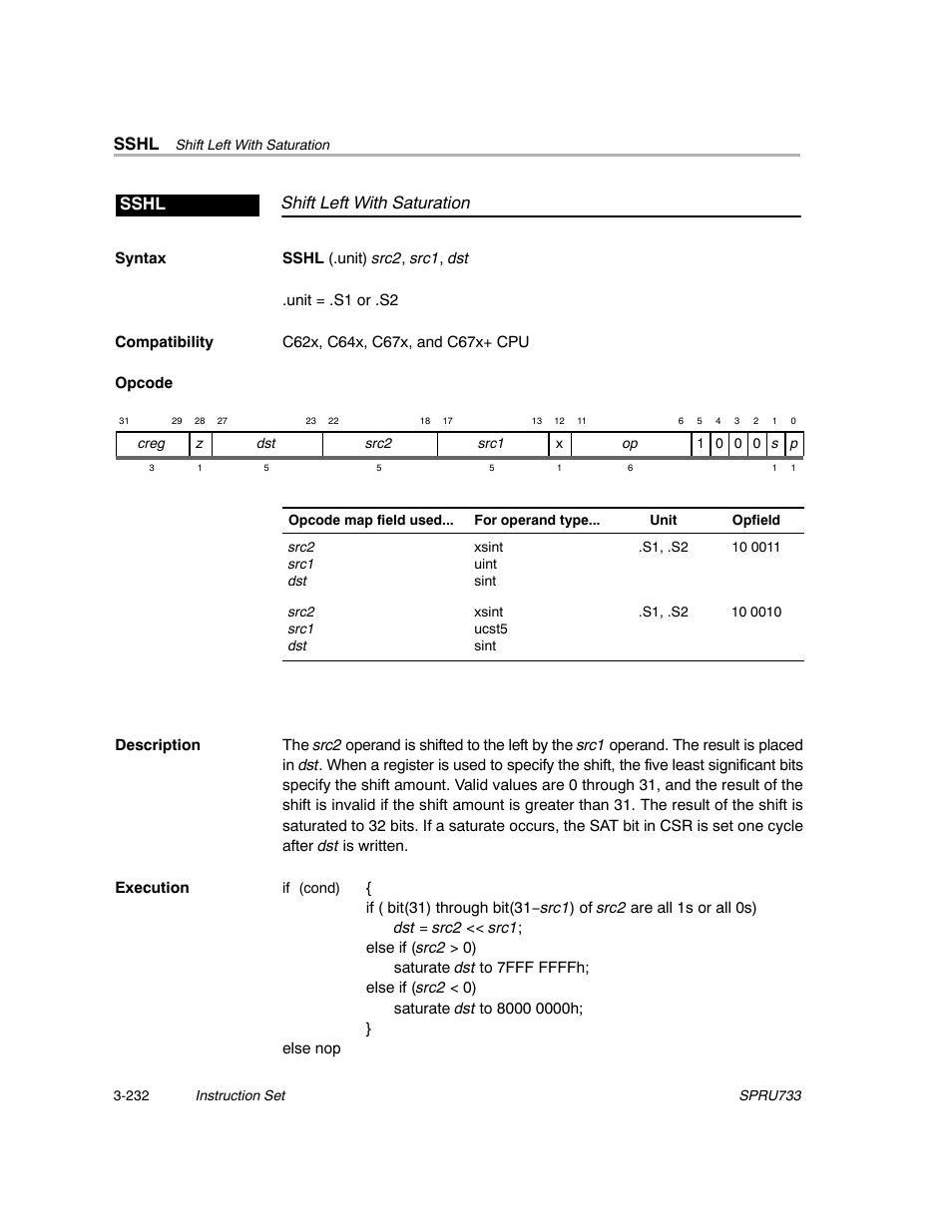 Sshl, Shift left with saturation sshl | Texas Instruments TMS320C67X/C67X+ DSP User Manual | Page 292 / 465