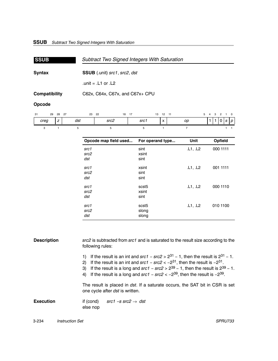 Ssub, Subtract two signed integers with saturation ssub | Texas Instruments TMS320C67X/C67X+ DSP User Manual | Page 294 / 465