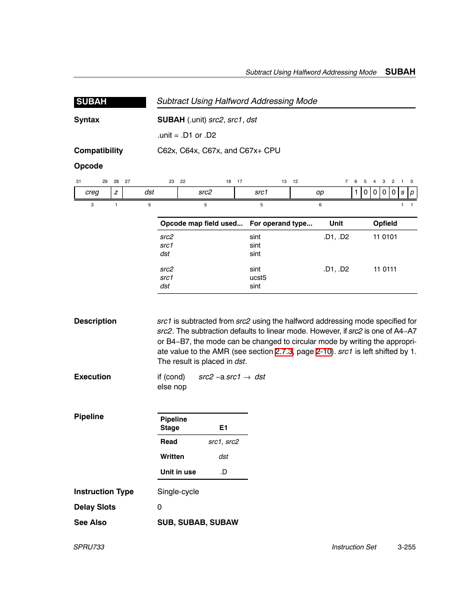 Subah, Subtract using halfword addressing mode subah | Texas Instruments TMS320C67X/C67X+ DSP User Manual | Page 315 / 465