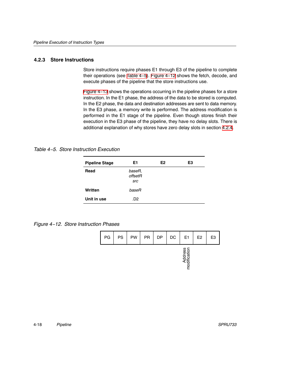 3 store instructions, Sections 4.2.3 and 4.2.4 | Texas Instruments TMS320C67X/C67X+ DSP User Manual | Page 350 / 465