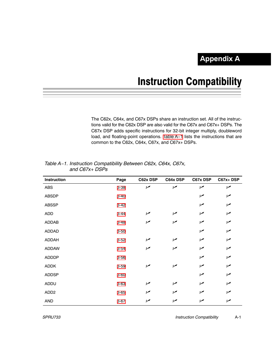 Appendix a: instruction compatibility, Instruction compatibility, Appendix a | Texas Instruments TMS320C67X/C67X+ DSP User Manual | Page 422 / 465