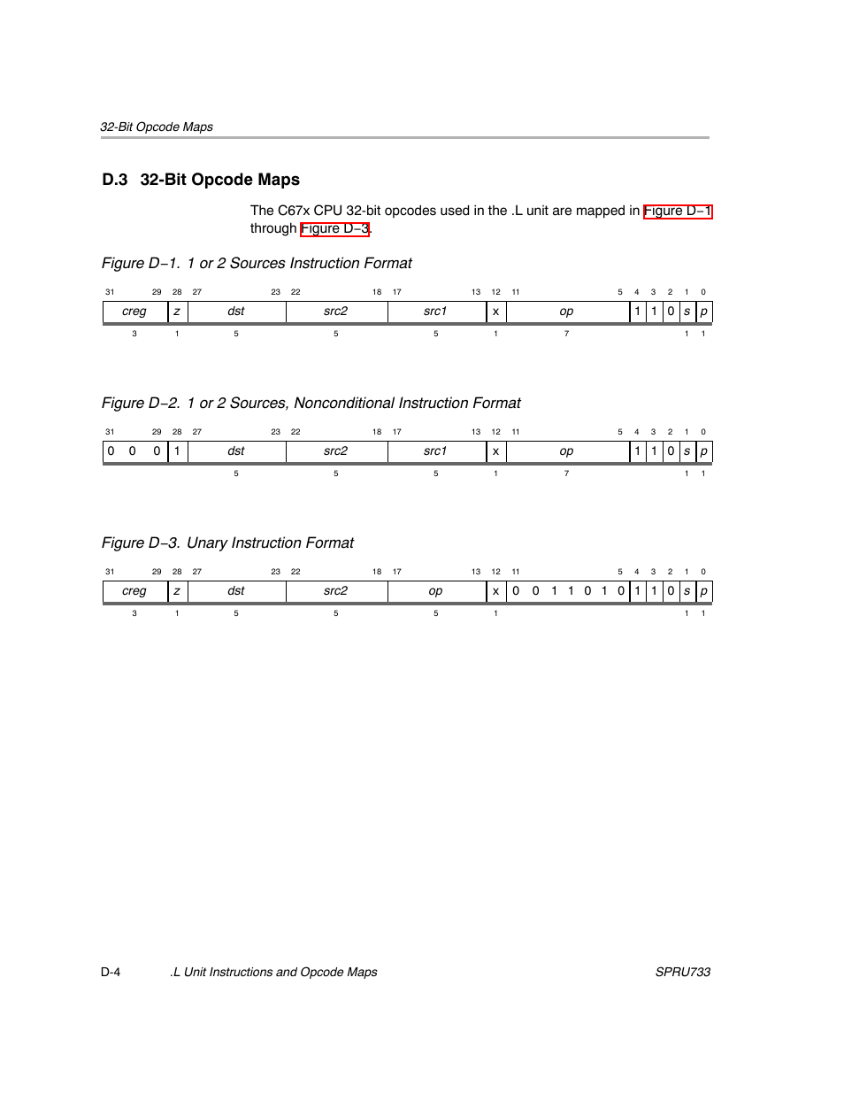 D.3 32-bit opcode maps, Figure d−1. 1 or 2 sources instruction format, Figure d−3. unary instruction format | Texas Instruments TMS320C67X/C67X+ DSP User Manual | Page 442 / 465