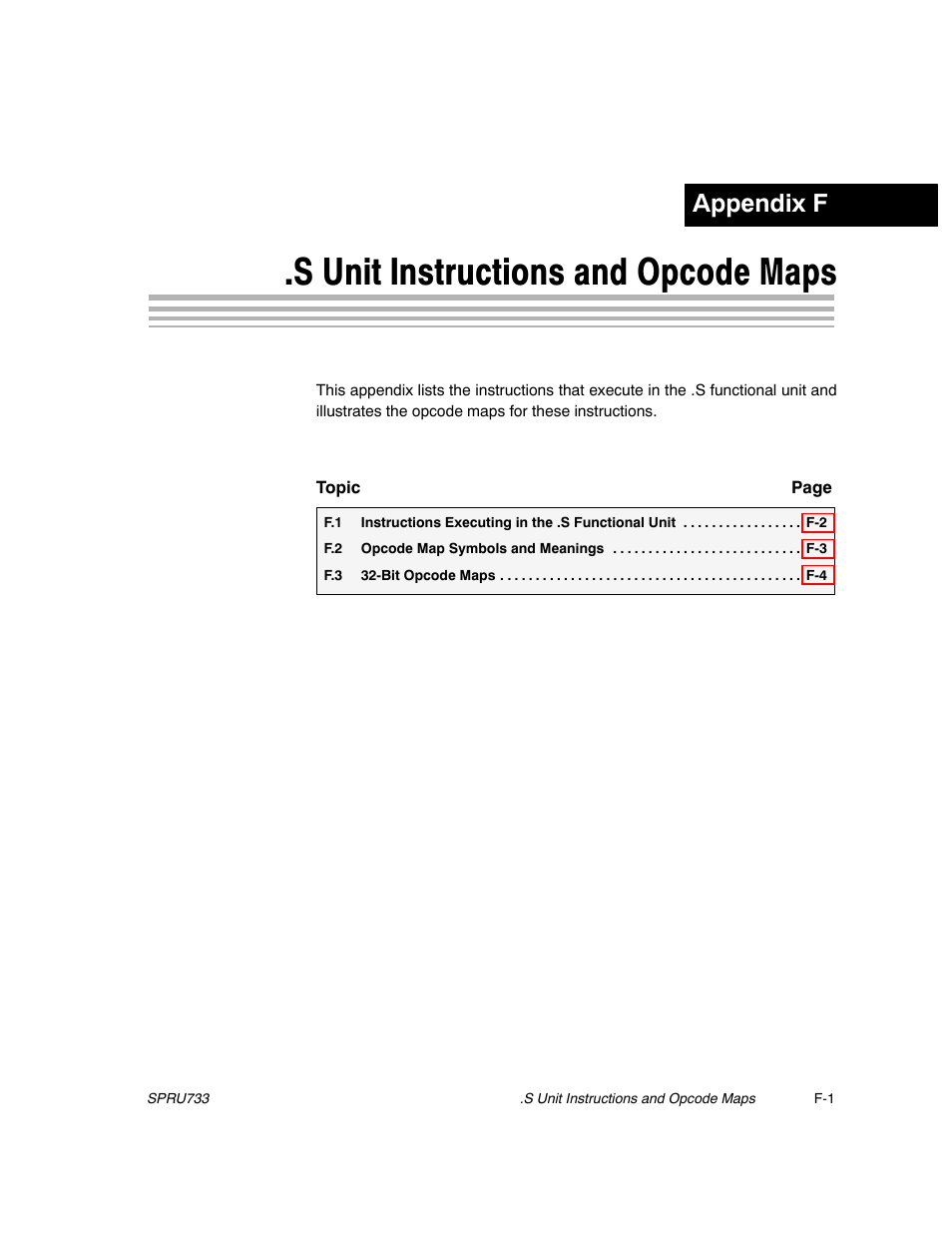 Appendix f: .s unit instructions and opcode maps, S unit instructions and opcode maps, Appendix a | Appendix f | Texas Instruments TMS320C67X/C67X+ DSP User Manual | Page 447 / 465