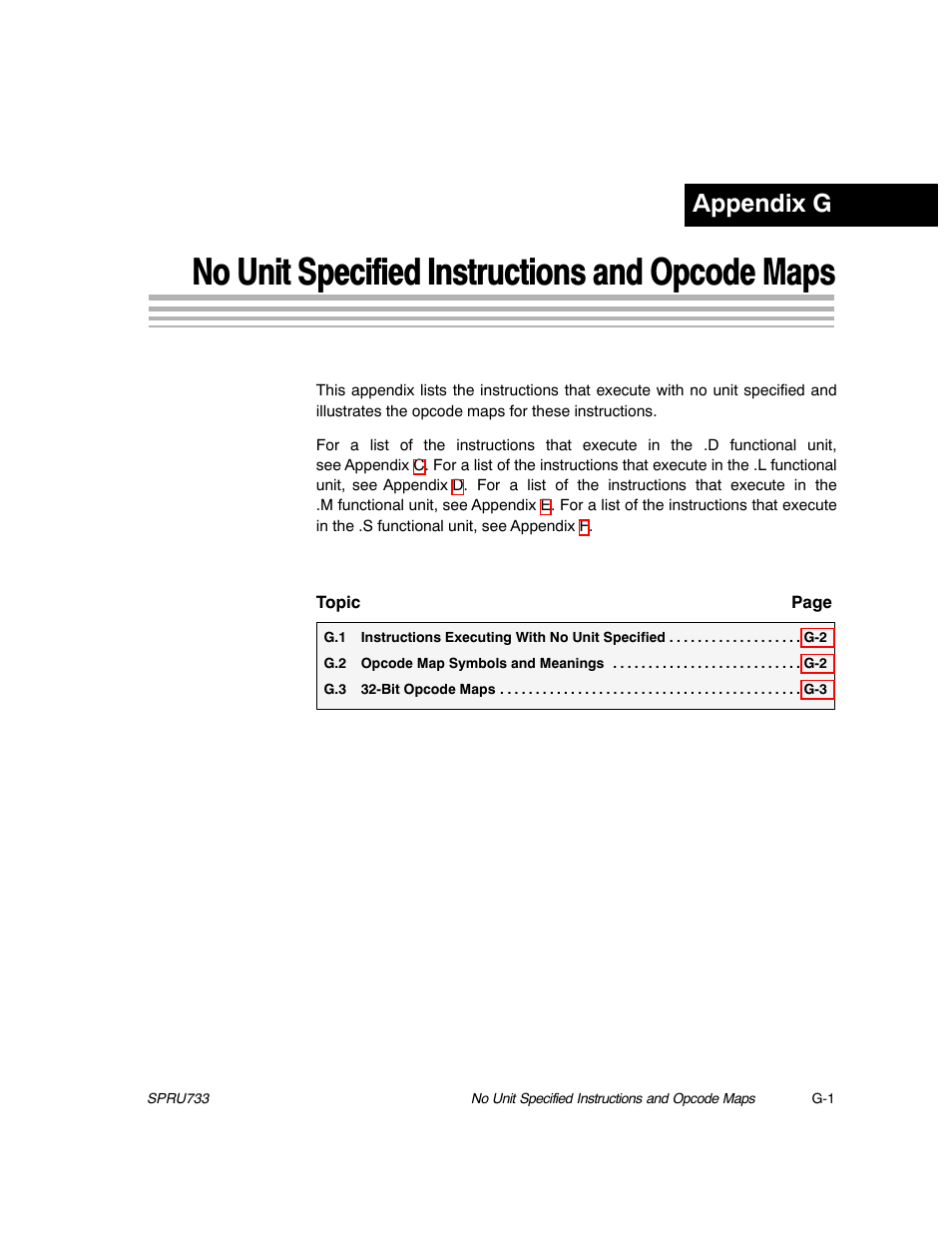 No unit specified instructions and opcode maps, Appendix a, Appendix g | Texas Instruments TMS320C67X/C67X+ DSP User Manual | Page 452 / 465