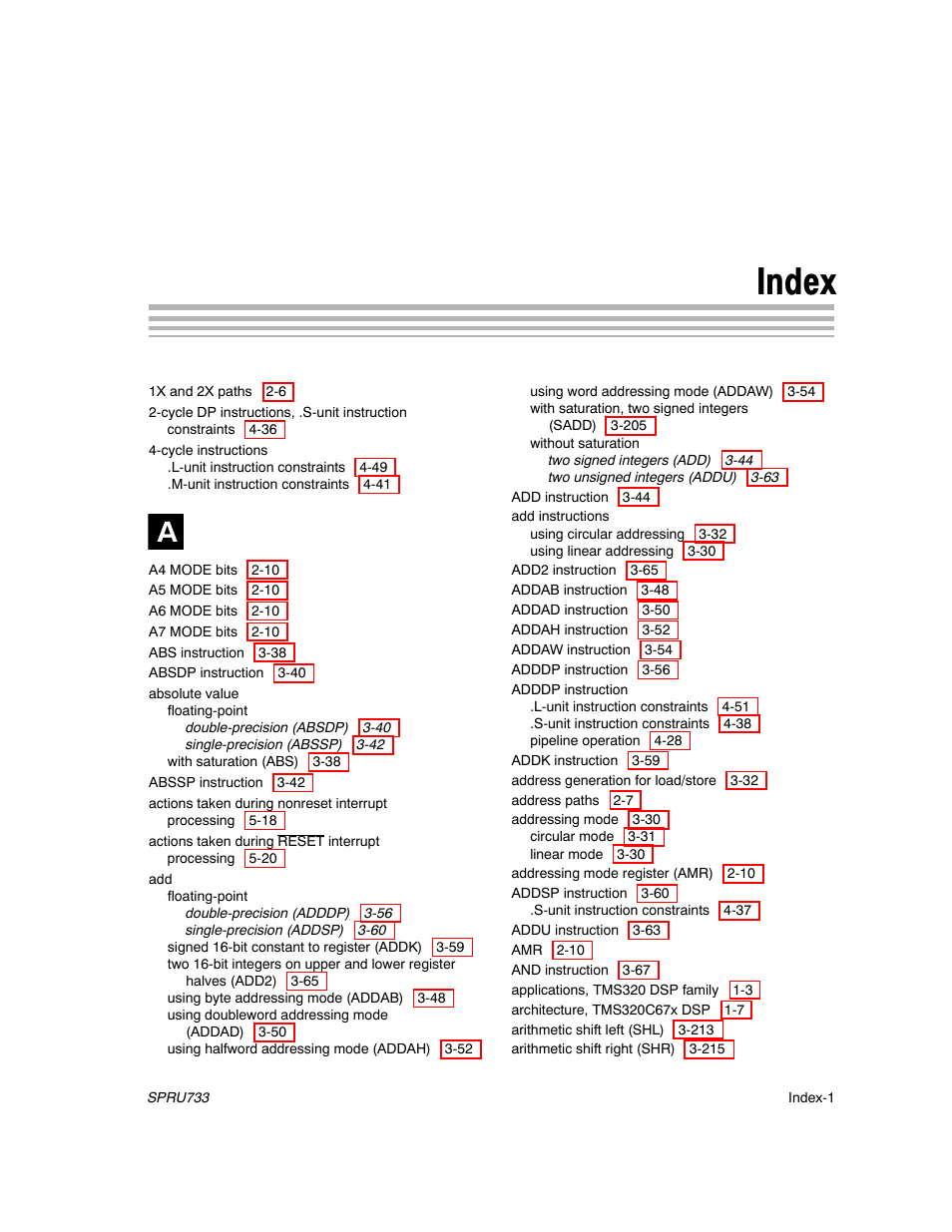Index | Texas Instruments TMS320C67X/C67X+ DSP User Manual | Page 455 / 465