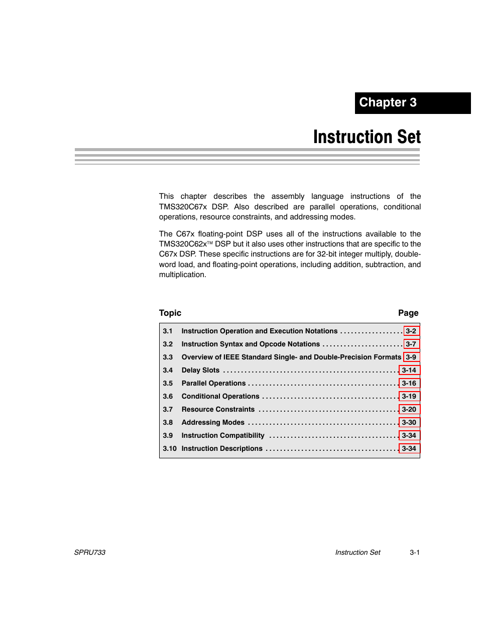 Chapter 3: instruction set, Instruction set, Chapter 3 | Texas Instruments TMS320C67X/C67X+ DSP User Manual | Page 61 / 465