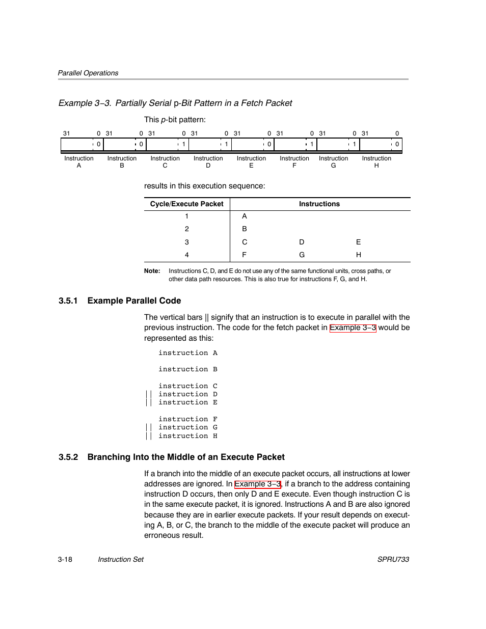 1 example parallel code, 2 branching into the middle of an execute packet | Texas Instruments TMS320C67X/C67X+ DSP User Manual | Page 78 / 465