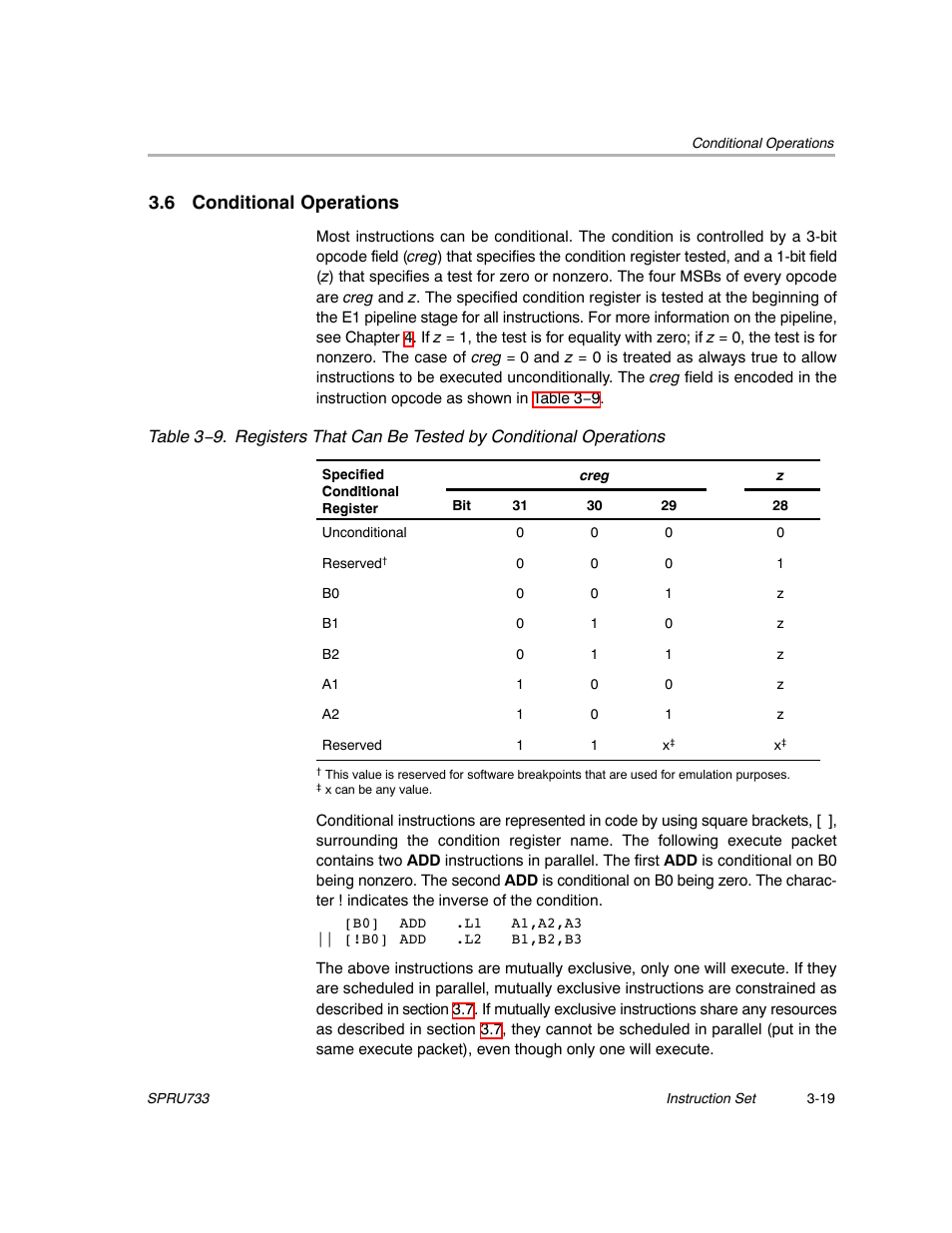 6 conditional operations, See section 3.6 | Texas Instruments TMS320C67X/C67X+ DSP User Manual | Page 79 / 465