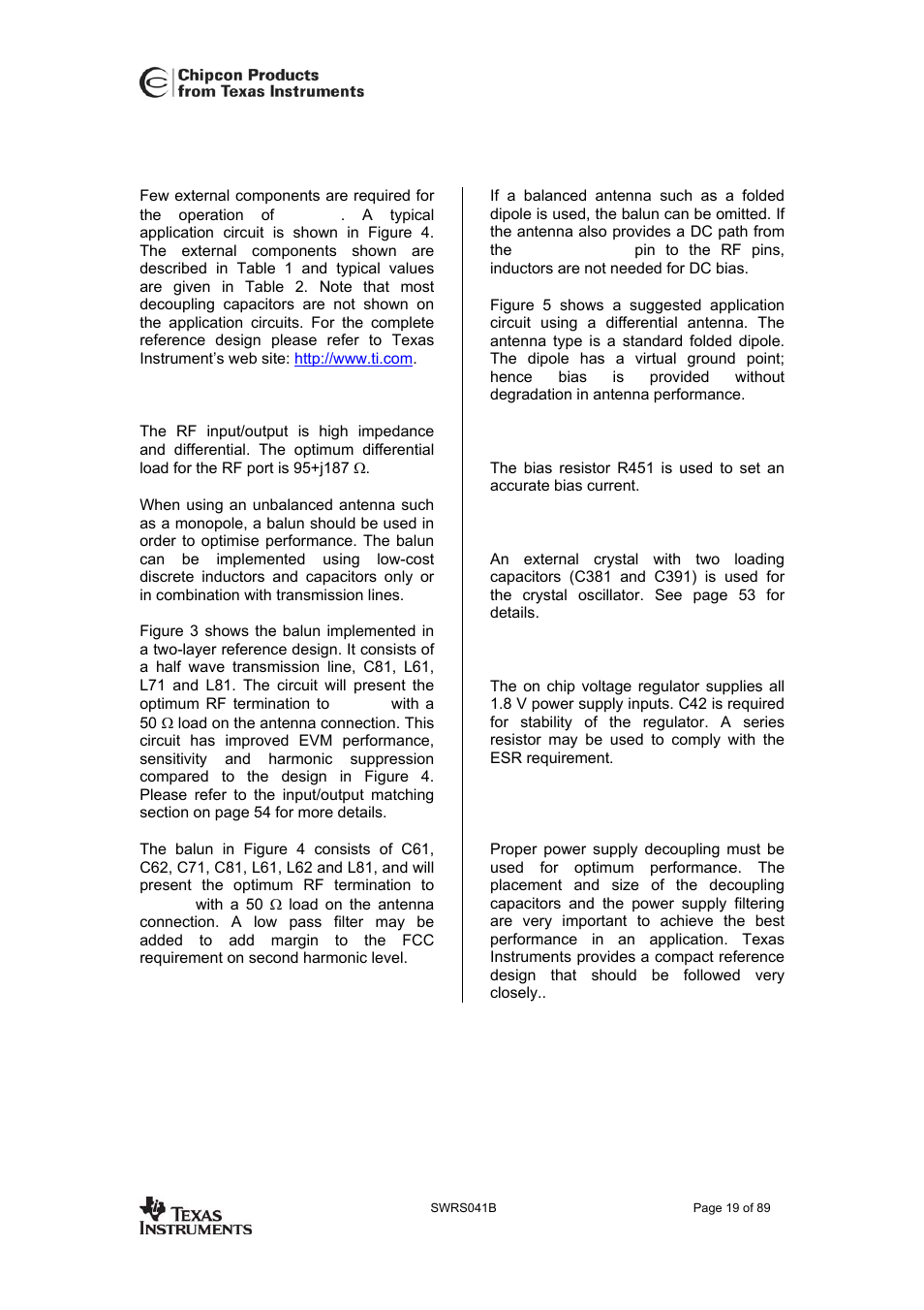 Application circuit, Input / output matching, Bias resistor | Crystal, Voltage regulator, Power supply decoupling and filtering, Cc2420 | Texas Instruments 3138 155 232931 User Manual | Page 19 / 90