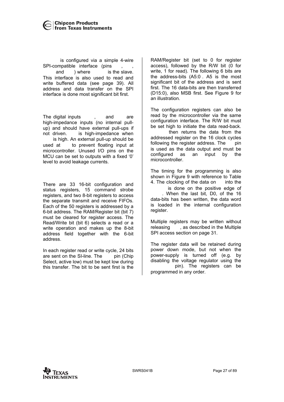 Wire serial configuration and data interface, Pin configuration, Register access | Cc2420 | Texas Instruments 3138 155 232931 User Manual | Page 27 / 90