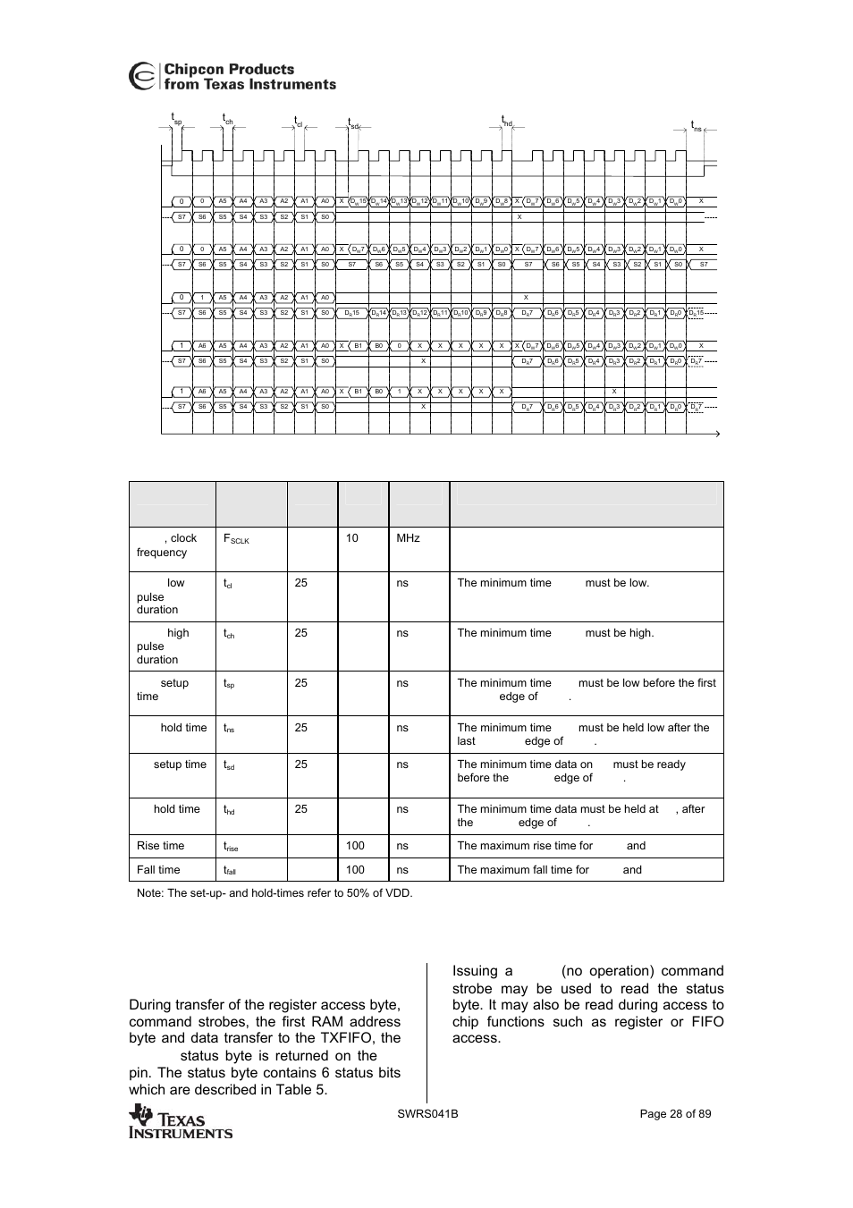 Status byte, D15:0), also msb first. see figure 9, Cc2420 | Figure 9. spi timing diagram, 10 mhz sclk low pulse duration t | Texas Instruments 3138 155 232931 User Manual | Page 28 / 90