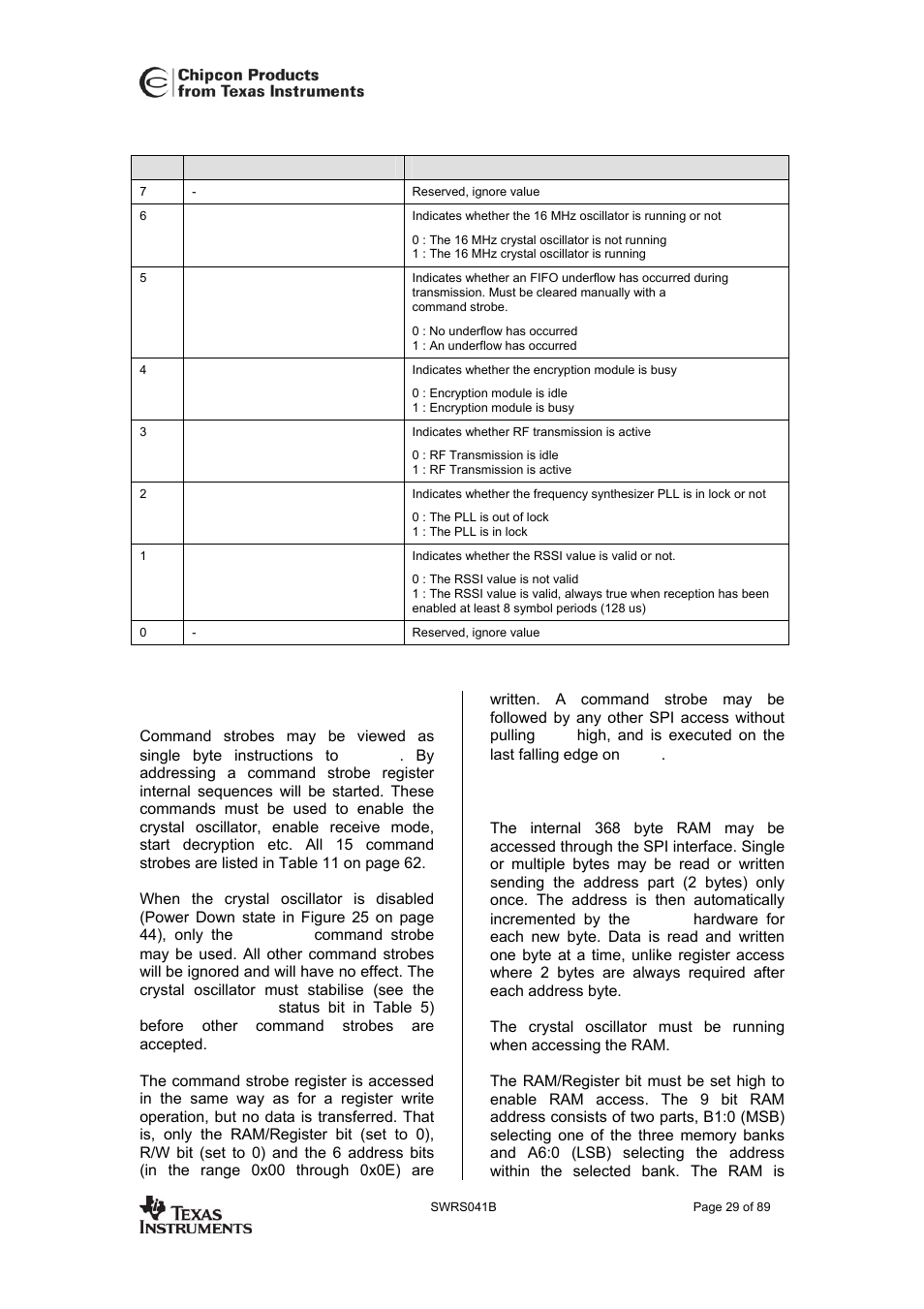 Command strobes, Ram access, Cc2420 | Texas Instruments 3138 155 232931 User Manual | Page 29 / 90