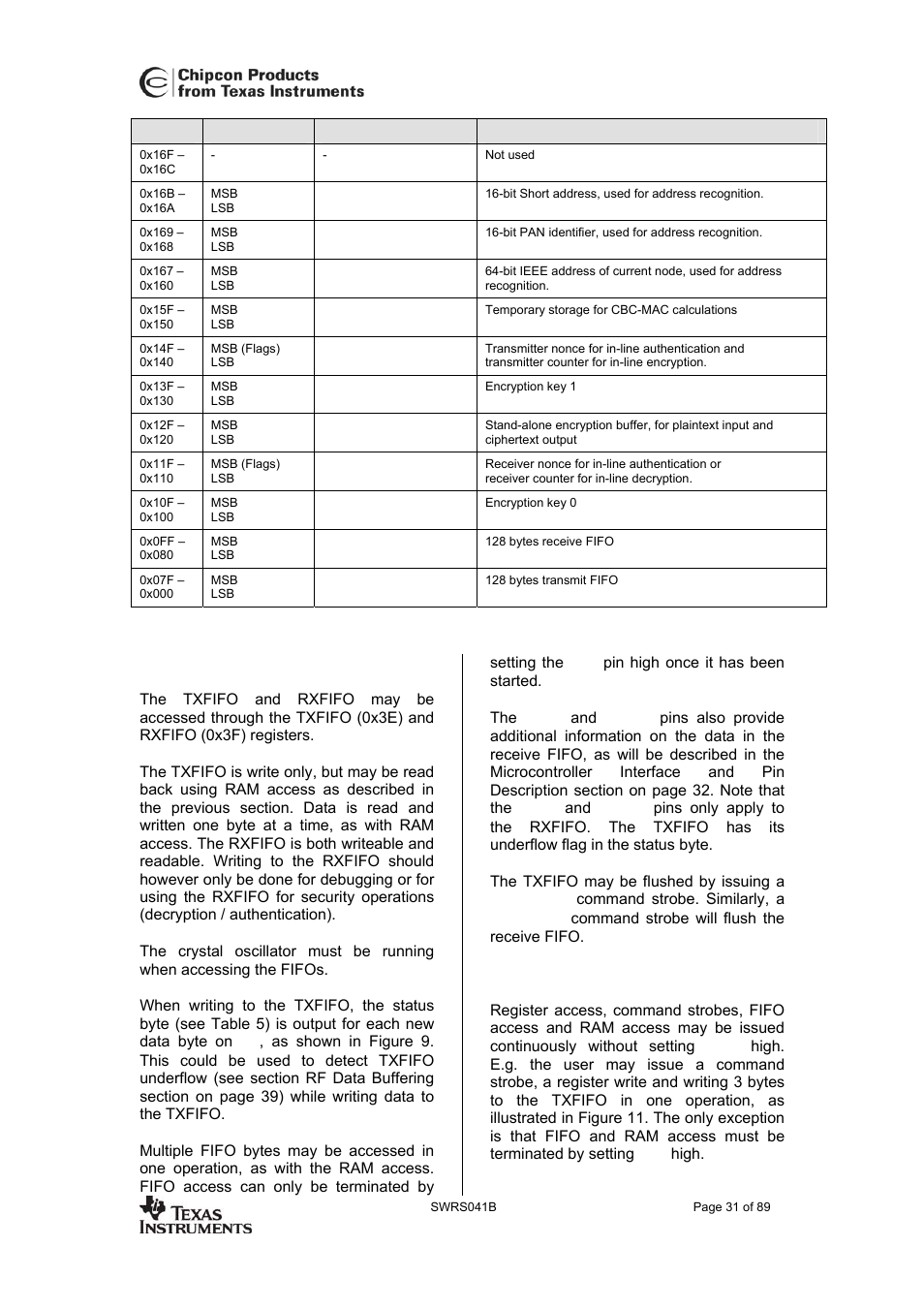 Fifo access, Multiple spi access, Table 6. the lower 256 bytes are | Cc2420 | Texas Instruments 3138 155 232931 User Manual | Page 31 / 90