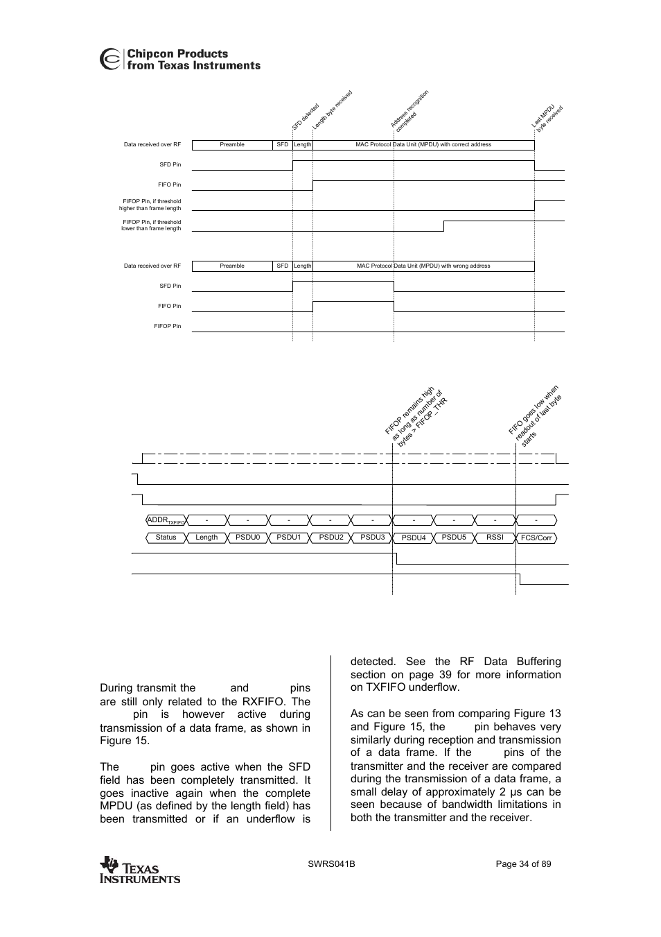 Transmit mode, Cc2420, Figure 13. pin activity examples during receive | Texas Instruments 3138 155 232931 User Manual | Page 34 / 90