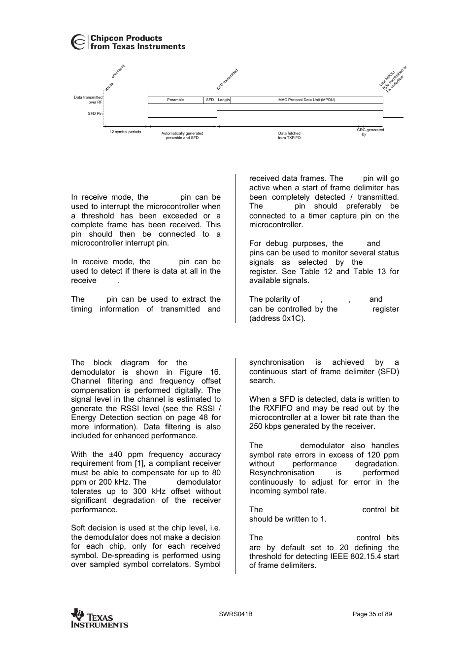General control and status pins, Demodulator, symbol synchroniser and data decision, Figure 15 | And figure 15, the, Cc2420, The block diagram for the | Texas Instruments 3138 155 232931 User Manual | Page 35 / 90