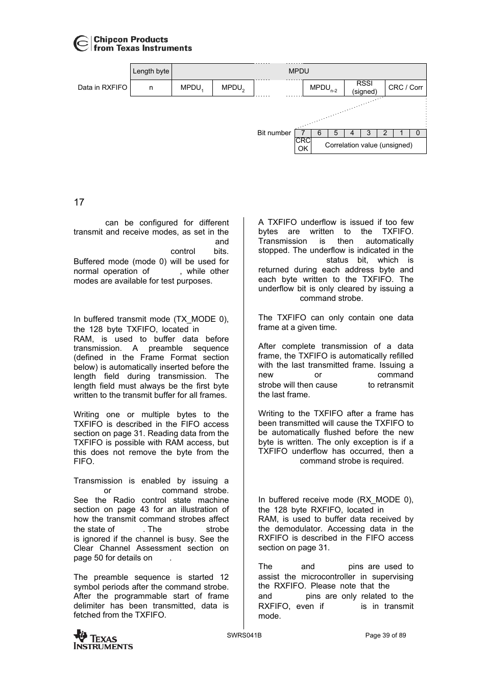 Rf data buffering, Buffered transmit mode, Buffered receive mode | Is illustrated in figure 21, Cc2420 | Texas Instruments 3138 155 232931 User Manual | Page 39 / 90