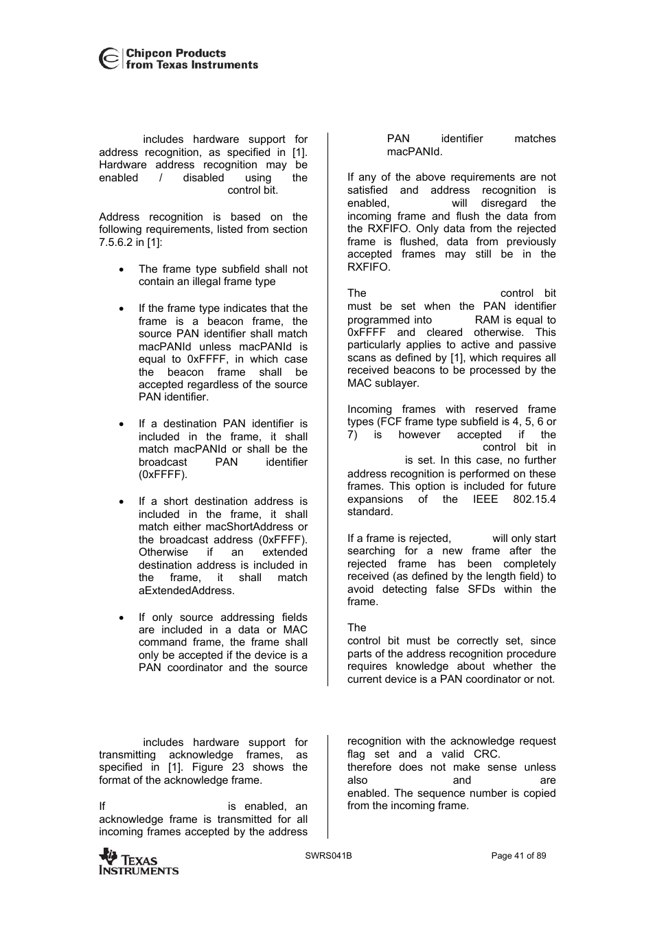 Address recognition, Acknowledge frames, Cc2420 | Texas Instruments 3138 155 232931 User Manual | Page 41 / 90