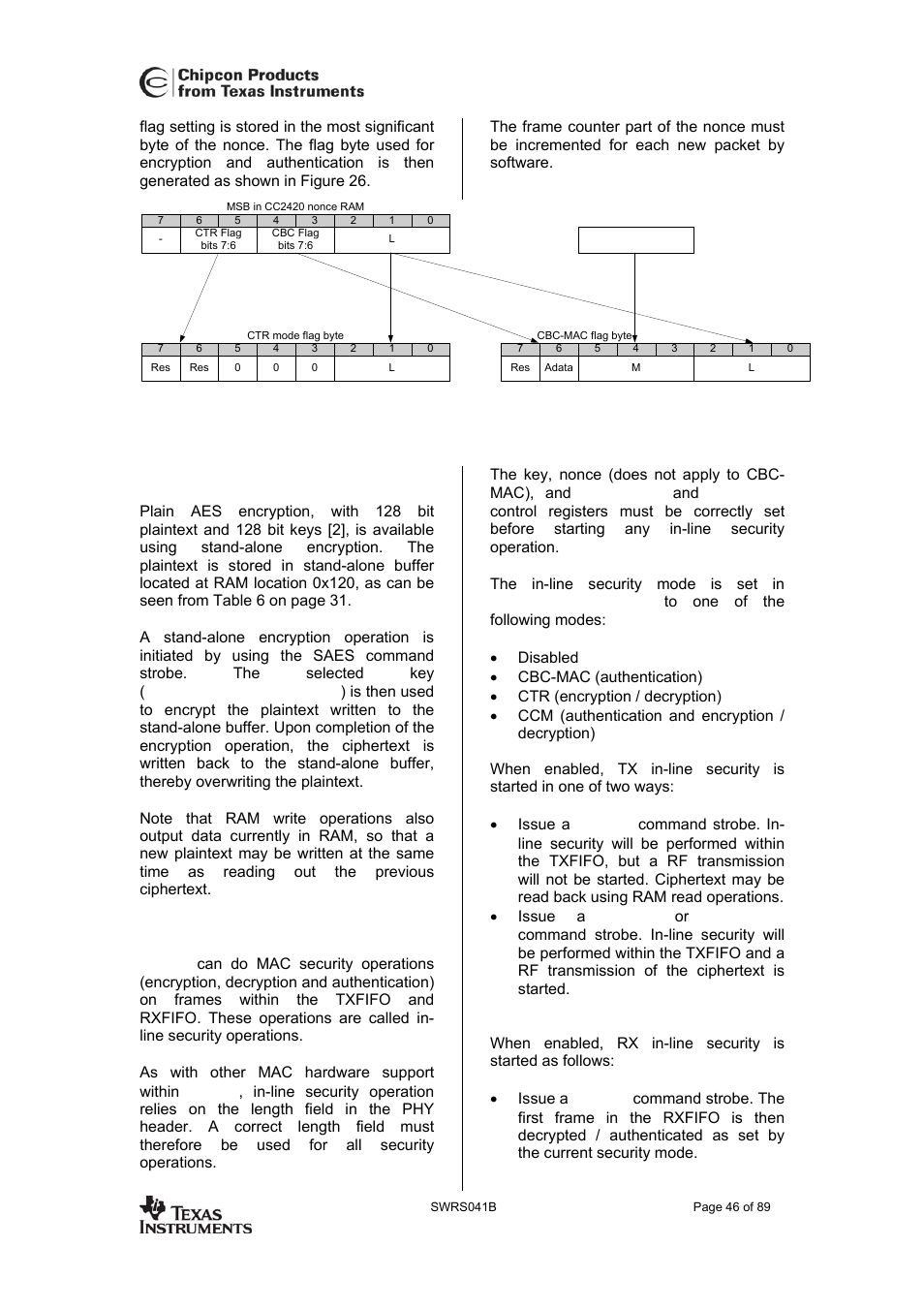 Stand-alone encryption, In-line security operations, Cc2420 | Texas Instruments 3138 155 232931 User Manual | Page 46 / 90